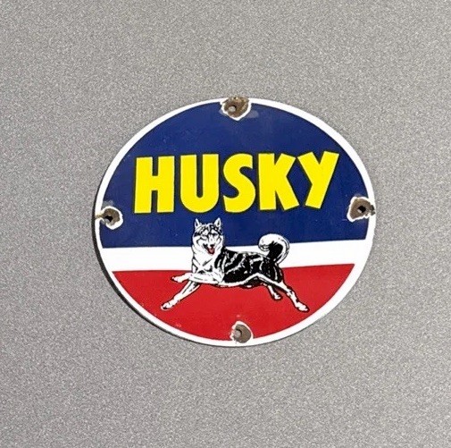 VINTAGE HUSKY GASOLINE PORCELAIN SIGN CAR GAS TRUCK OIL MOTORCYCLE