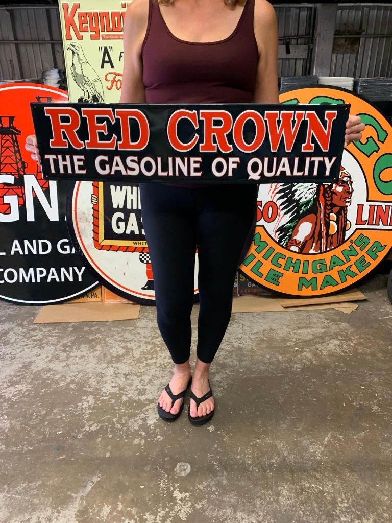 Antique Vintage Old Style Sign Red Crown Gasoline Oil Made USA