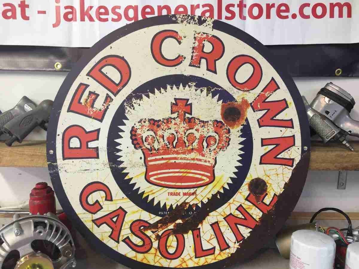 Distressed Red Crown Gasoline Round Metal 24″ Sign
