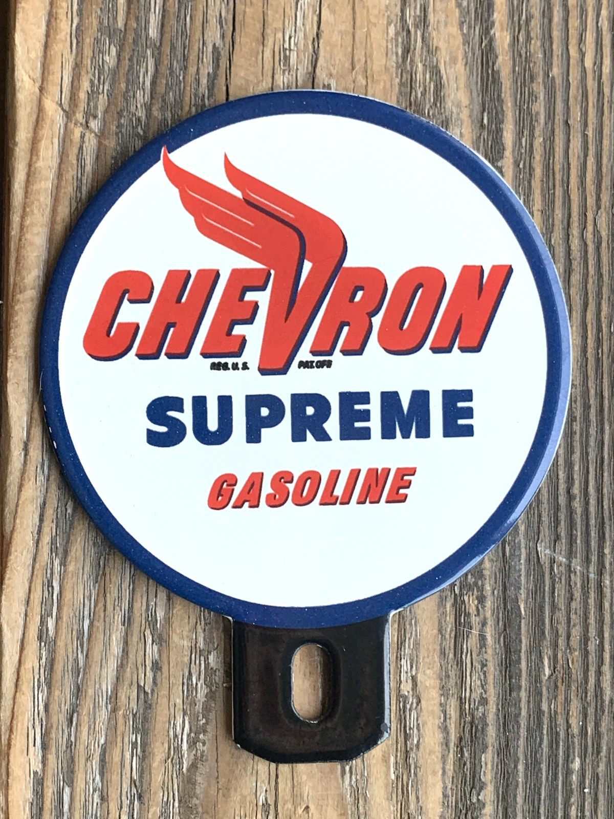 VINTAGE CHEVRON SUPREME GASOLINE PETROLEUM GAS MOTOR OIL PORCELAIN TOPPER SIGN