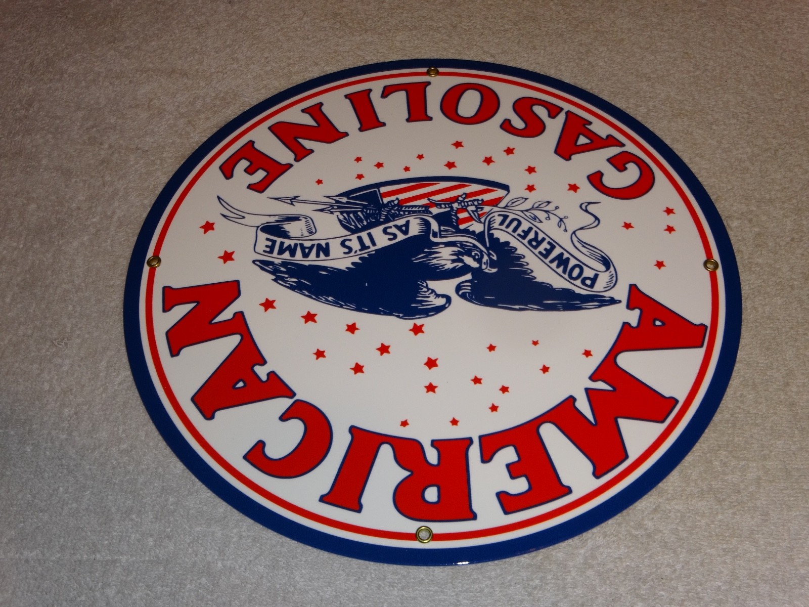 VINTAGE AMERICAN GASOLINE POWERFUL EAGLE 11 3/4″ PORCELAIN METAL GAS & OIL SIGN