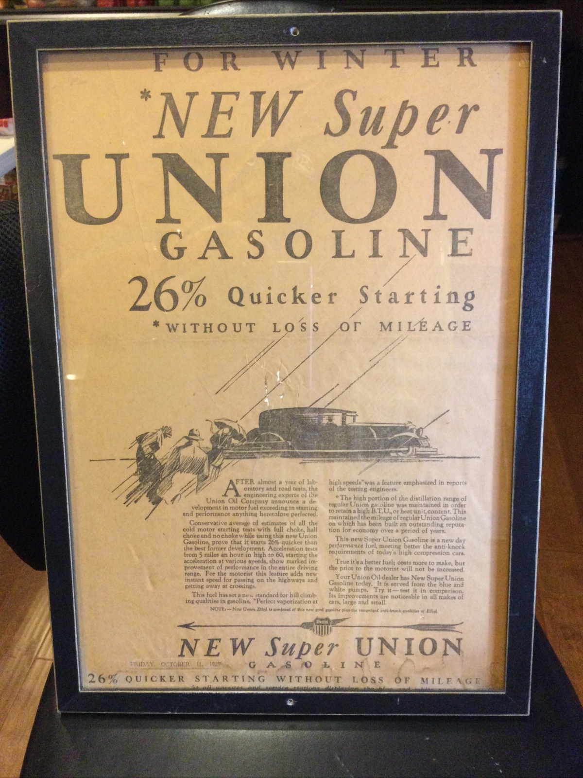 Vintage 1929 UNION OIL GAS Advertisement Poster Sign Station SUPER GASOLINE