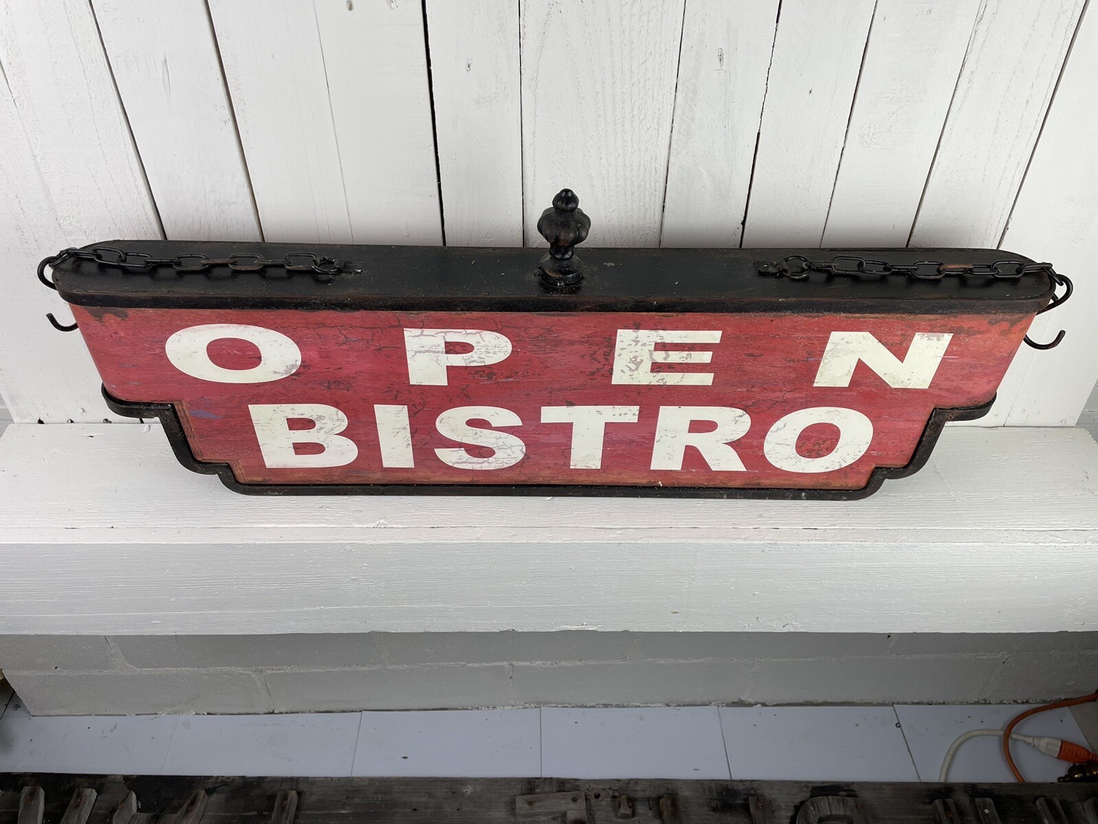 DOUBLE SIDED METAL BISTRO SIGN LARGE 34″ RETRO REPRO RED BLACK WHITE AGED BEAUTI