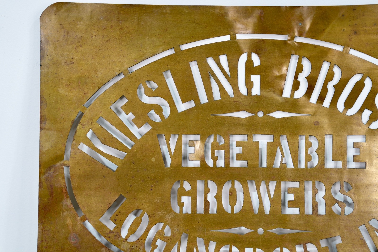 Antique Brass Stencil Sign Kiesling Bros Vegetable Growers Farm Kitchen Vintage