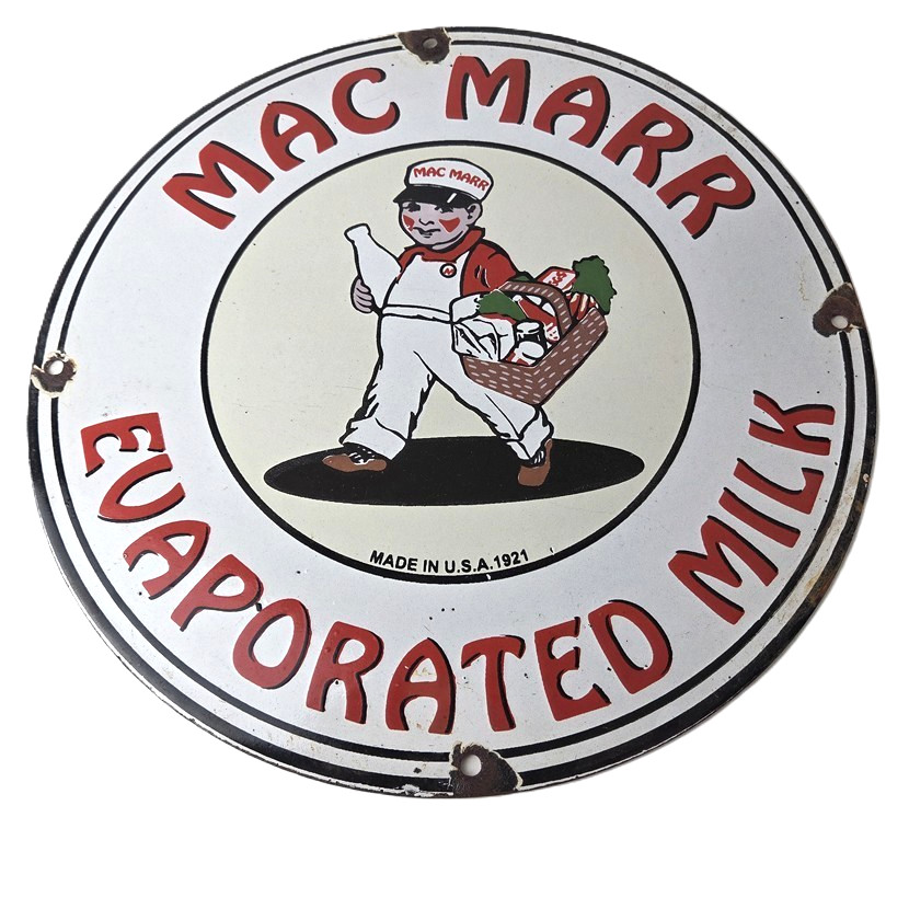 Vintage Mac Marr Milk Sign – Dairy Evaporated Store Porcelain Gas Pump Sign