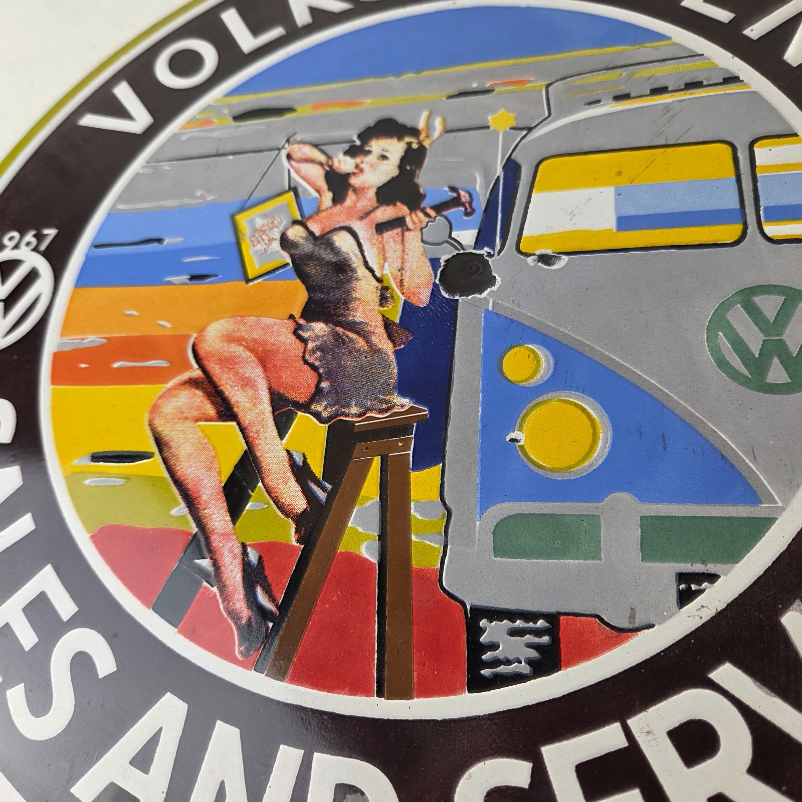 Vintage Volkswagen Sign – Sales Dealership VW Automobile Gas Pump Porcelain Sign