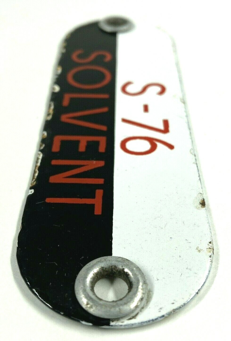 Vintage S-76 Solvent Porcelain Gas Fuel Oil Tag Sign Badge – Black, White & Red