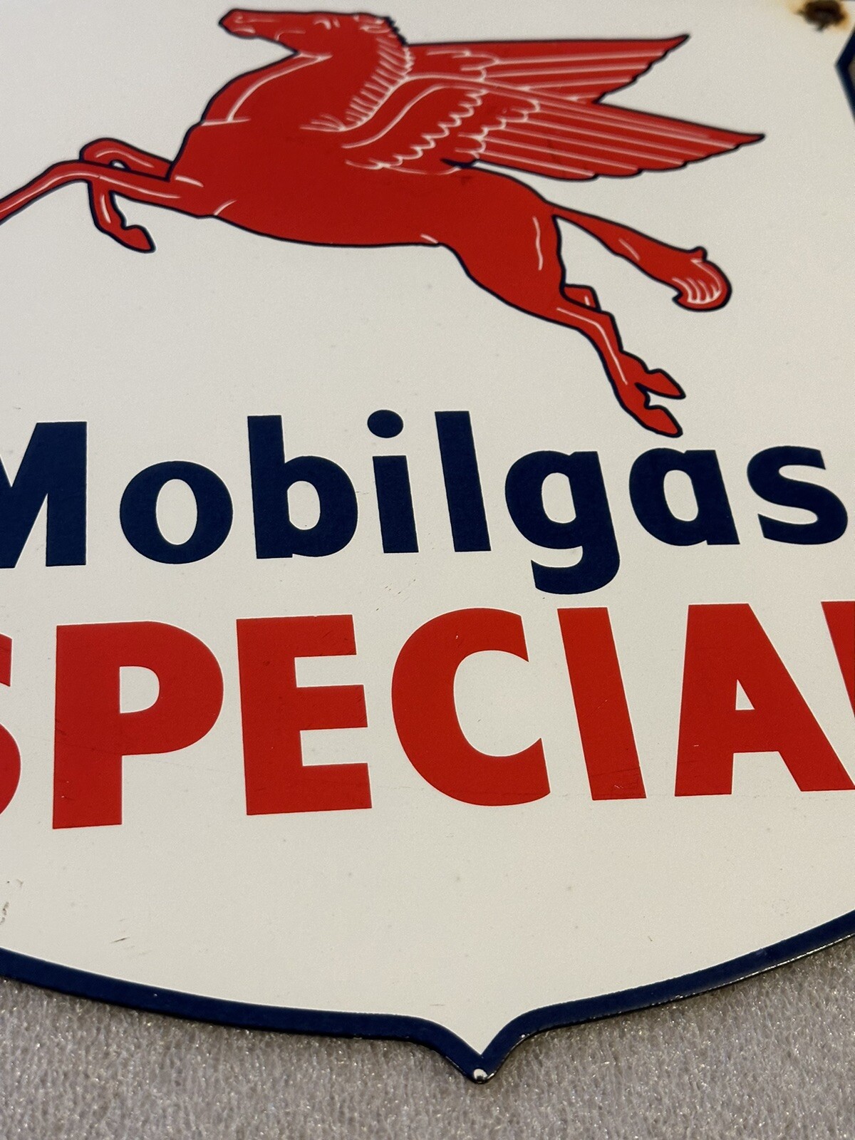 Vintage Mobilgas Special Porcelain Pegasus Sign 12.5″