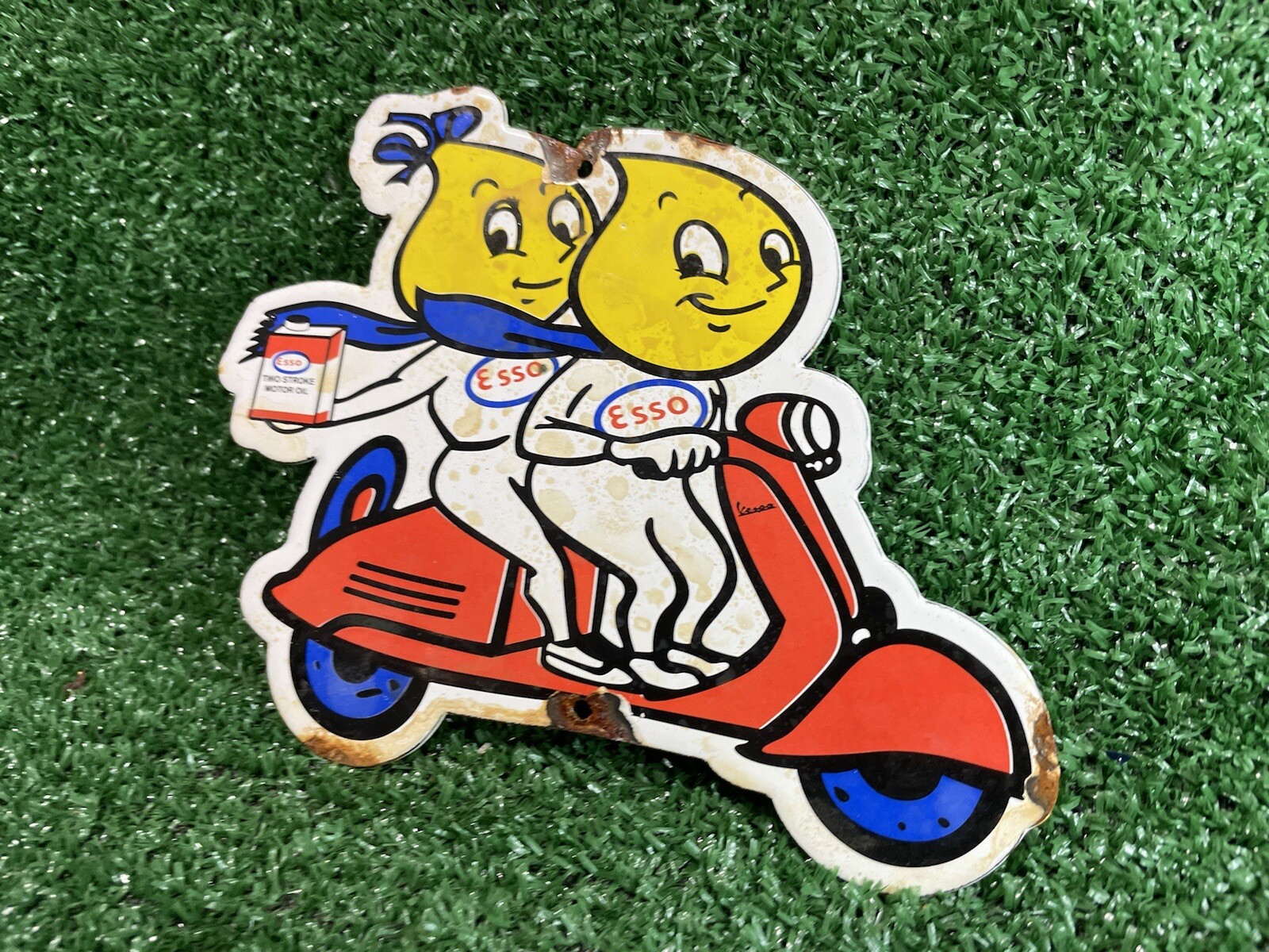 VINTAGE ESSO PORCELAIN SIGN VESPA SCOOTER KIDS GAS STATION MOTOR OIL SERVICE