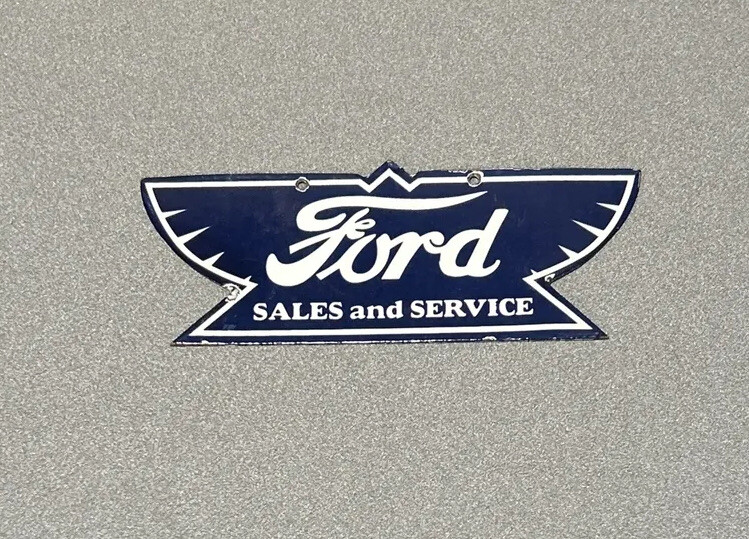 VINTAGE FORD SALES SERVICE WINGS PORCELAIN SIGN CAR GAS TRUCK OIL