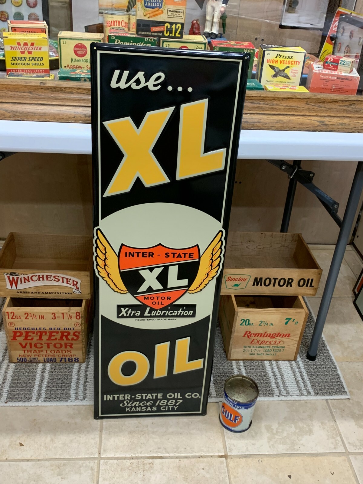 “XL INTERSTATE MOTOR OIL” EMBOSSED METAL SIGN (35.5″x 11.5″) NEAR MINT CONDITION