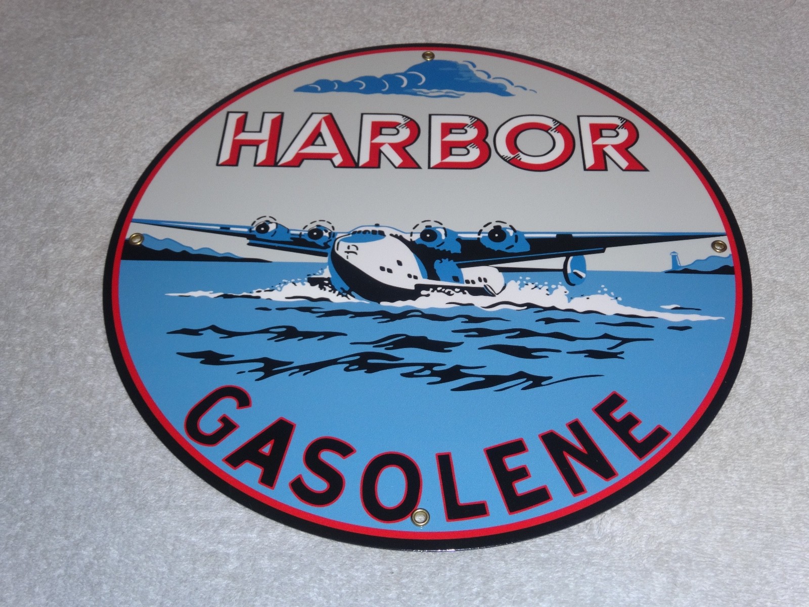 VINTAGE HARBOR GASOLINE AIRPLANE SEAPLANE 11 3/4″ PORCELAIN METAL GAS & OIL SIGN
