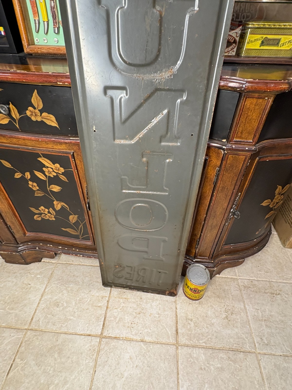 ORIGINAL 1965 “DUNLOP TIRES” LARGE EMBOSSED METAL DEALER SIGN, (60″x 14″) NICE