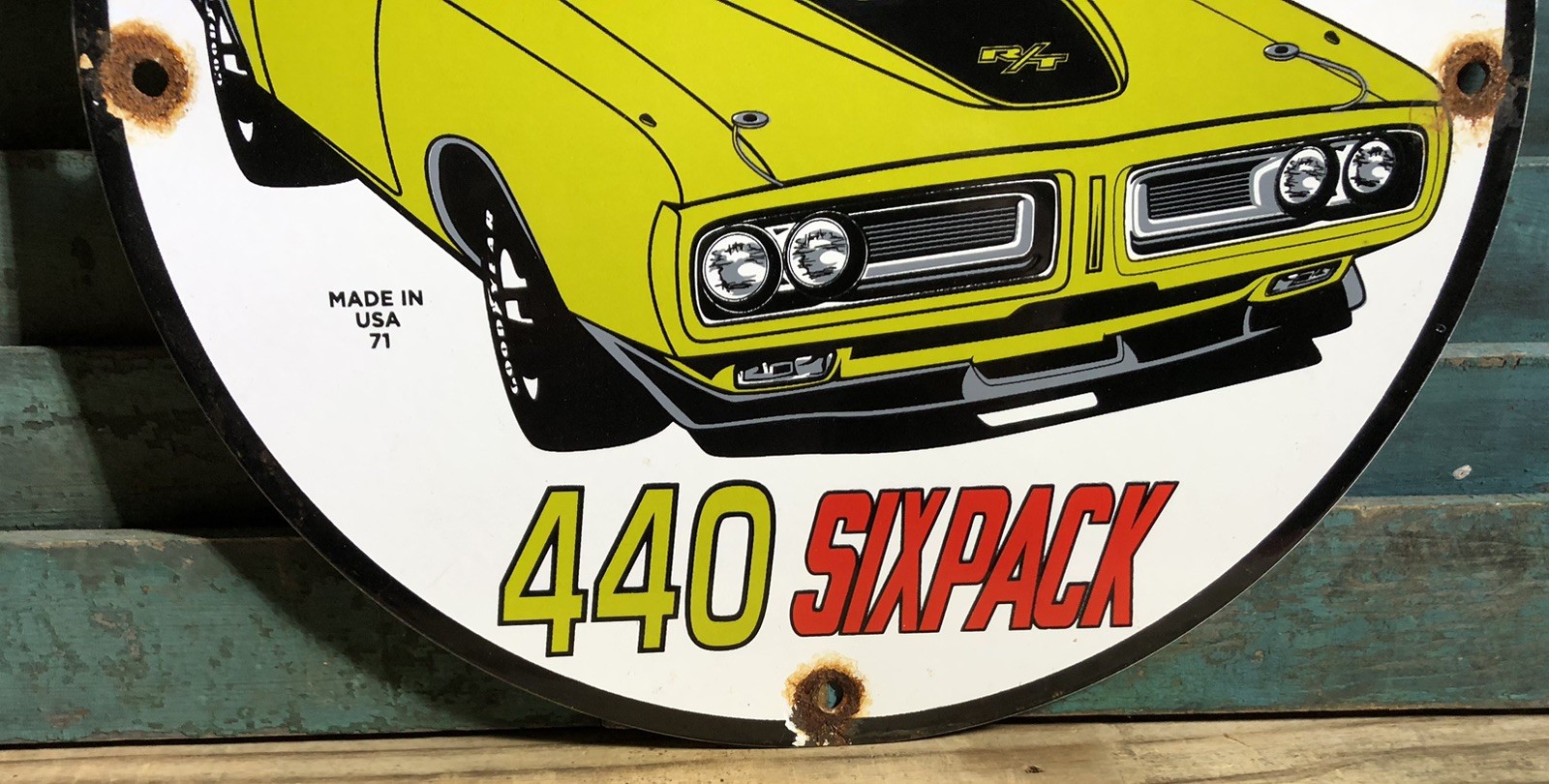 VINTAGE 1971 DATED PORCELAIN DODGE CHARGER R/T 440 SIX PACK GAS OIL SIGN
