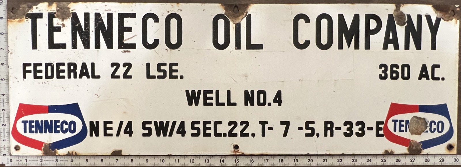 Vintage Porcelain Oil Field Sign – Tenneco Oil Co Federal 22 Lease Well No. 4