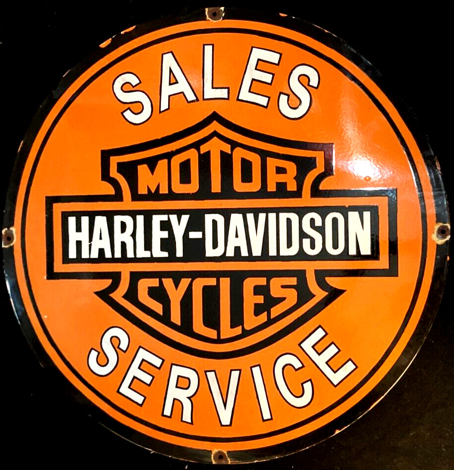 Vintage Art HARLEY SALES & SERVICE PORCELAIN ENAMEL SIGN Rare Advertising 30″