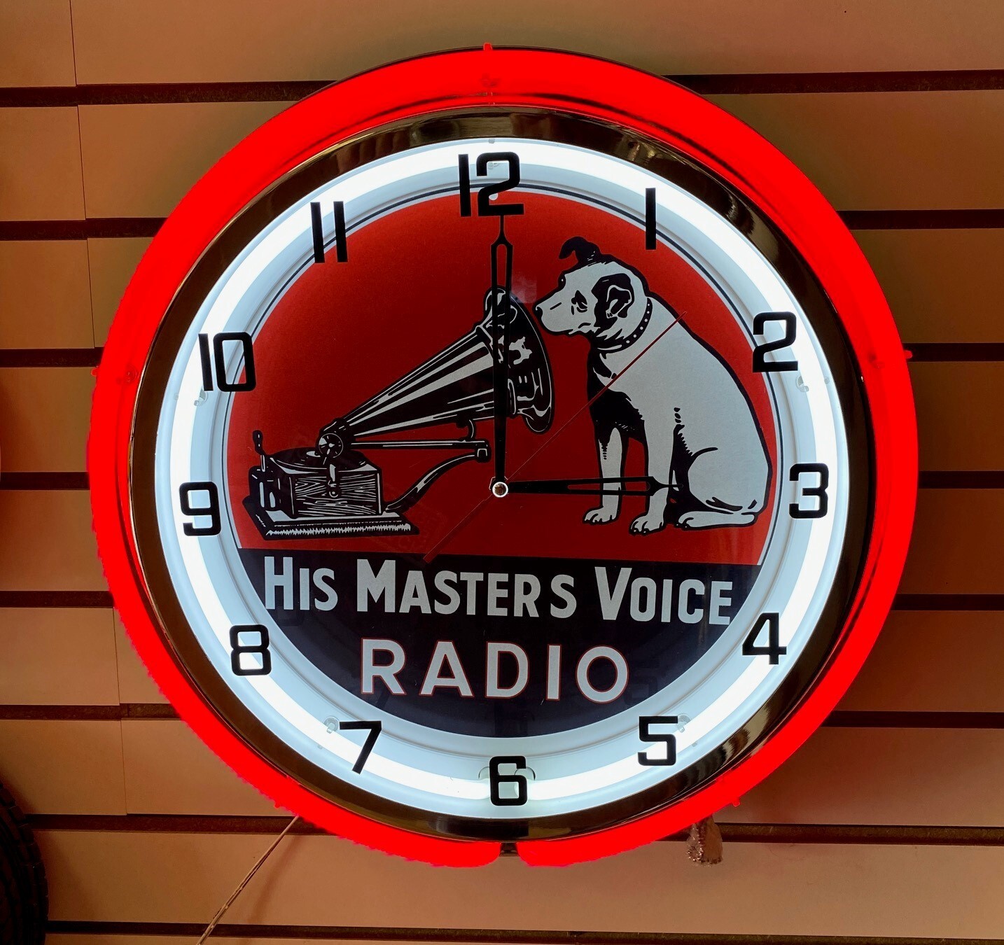 VINTAGE RETRO RCA RECORDS HIS MASTERS VOICE DOG METALE DOUBLE RING NEON CLOCK