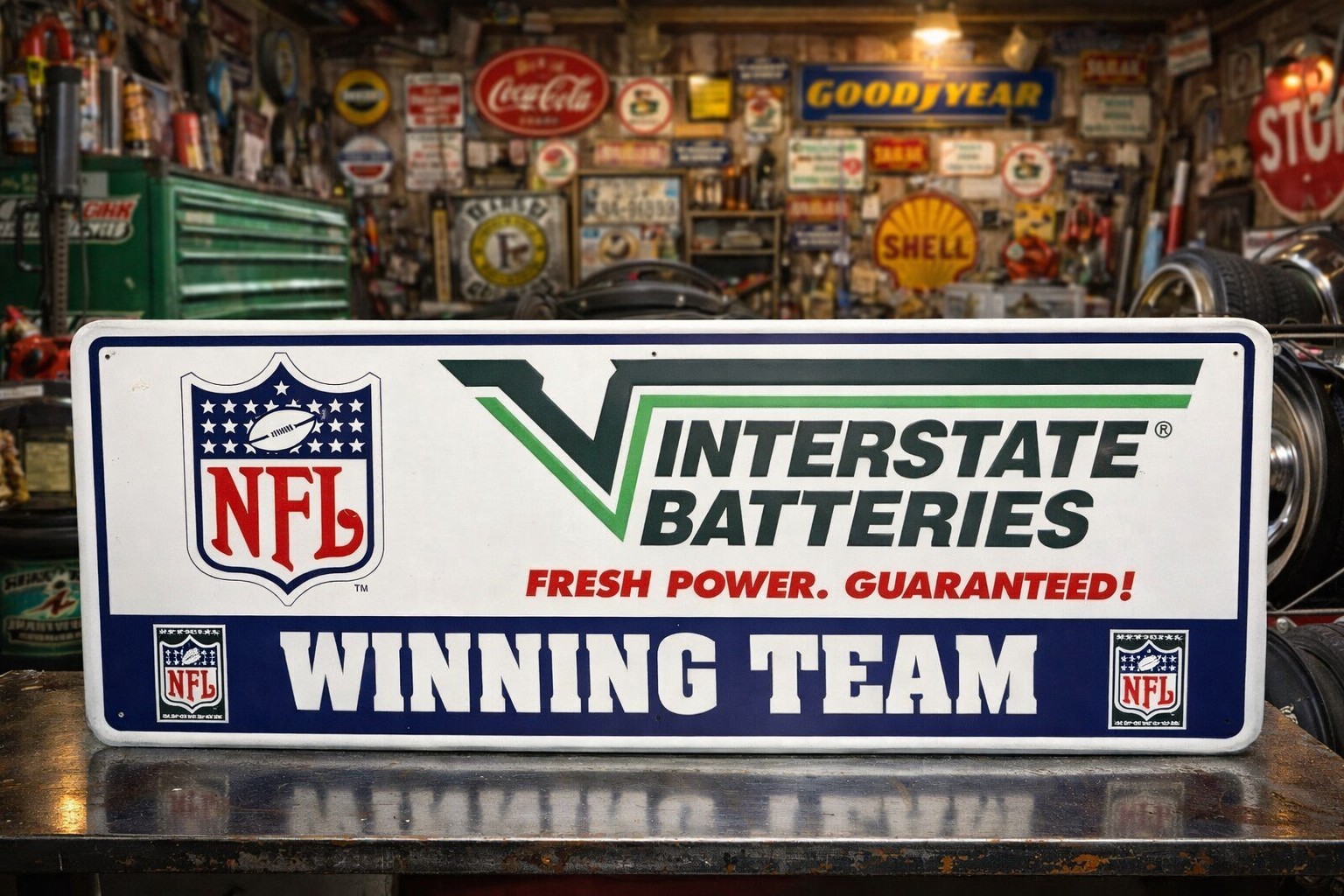 Vintage Metal NFL Interstate Batteries “Winning Team” Advertising Sign Auto Shop