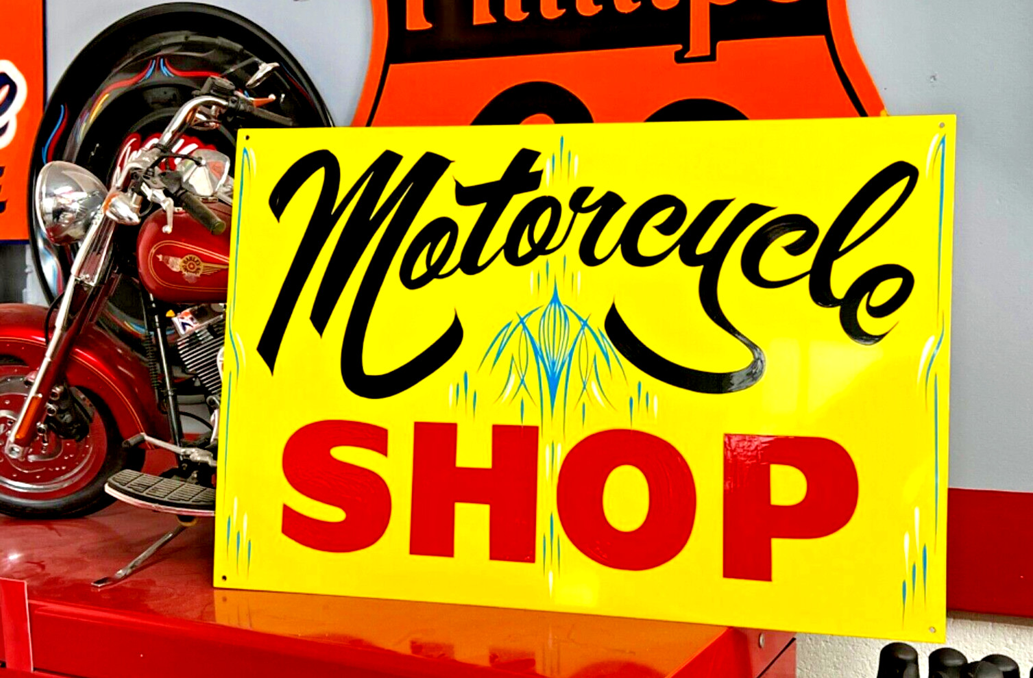 PINSTRIPED Painted Motorcycle Biker Shop Sign Sturgis Garage Man cave Repair