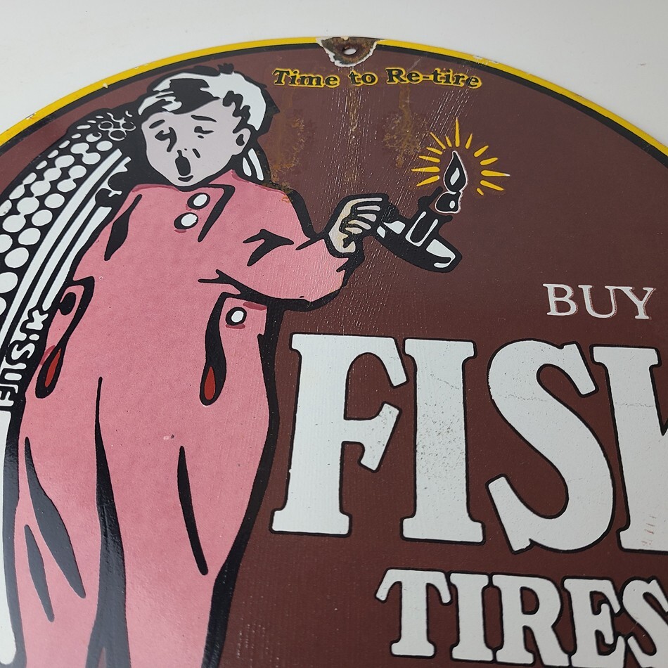 Vintage Fisk Tires Sign – Automobile Car Sales Service Gas Pump Porcelain Sign