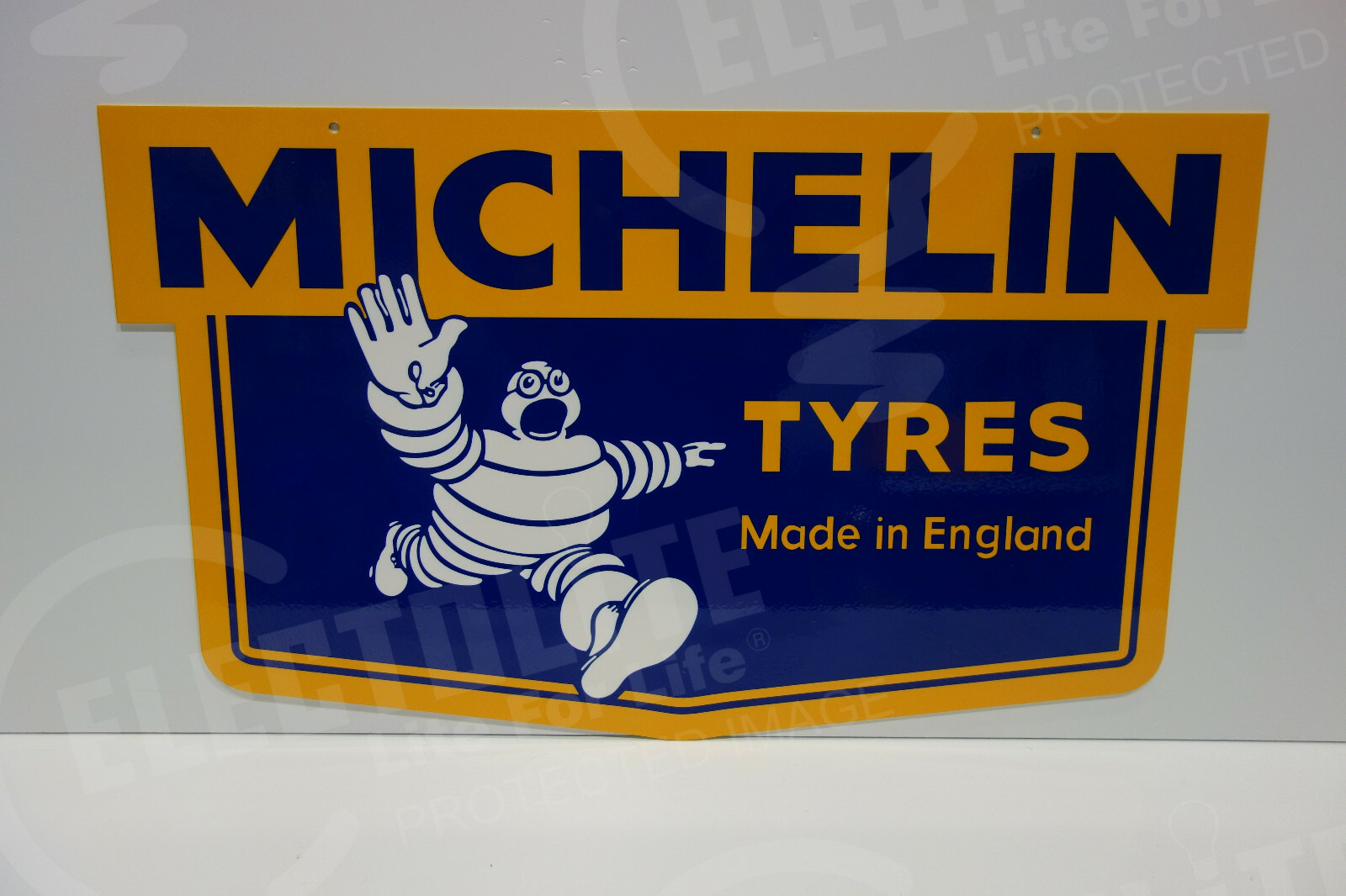 MICHELIN TYRES MADE IN ENGLAND BIBENDUM DIE CUT Sign Rare 80’s ENAMEL 14″ BY 24″