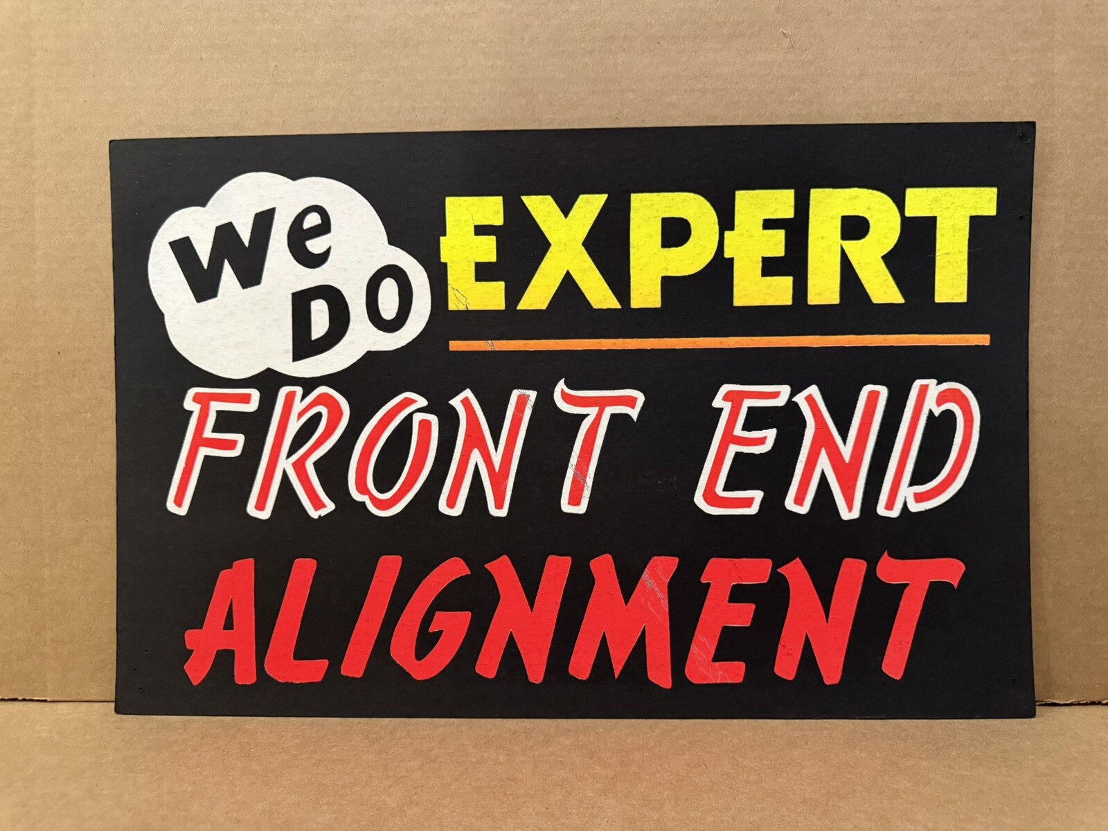 Vintage Used Car Truck Lot Dealer Cardboard Window Sign Front End Alignment