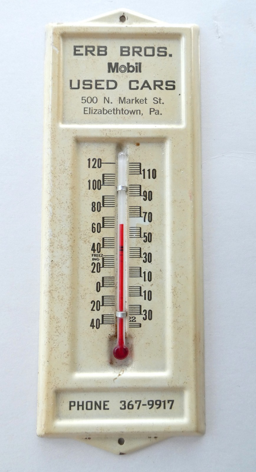 VTG Mobil Gas Erb Bros Used Cars Metal Thermometer Gas Station Advertising Sign