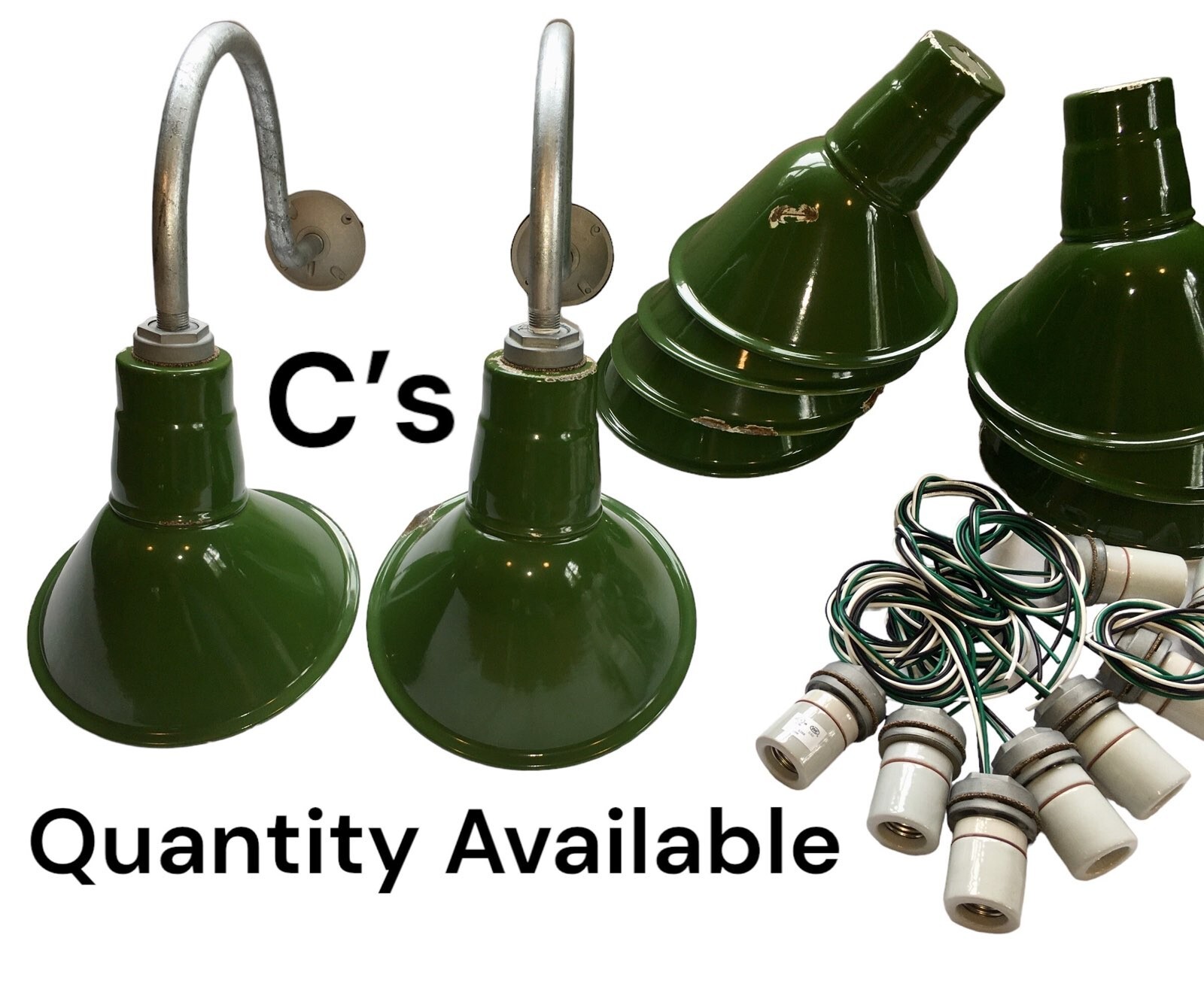 PAIR of Abolite 8″ Gooseneck Green Porcelain Sign Lights Vintage Gas Station C’s