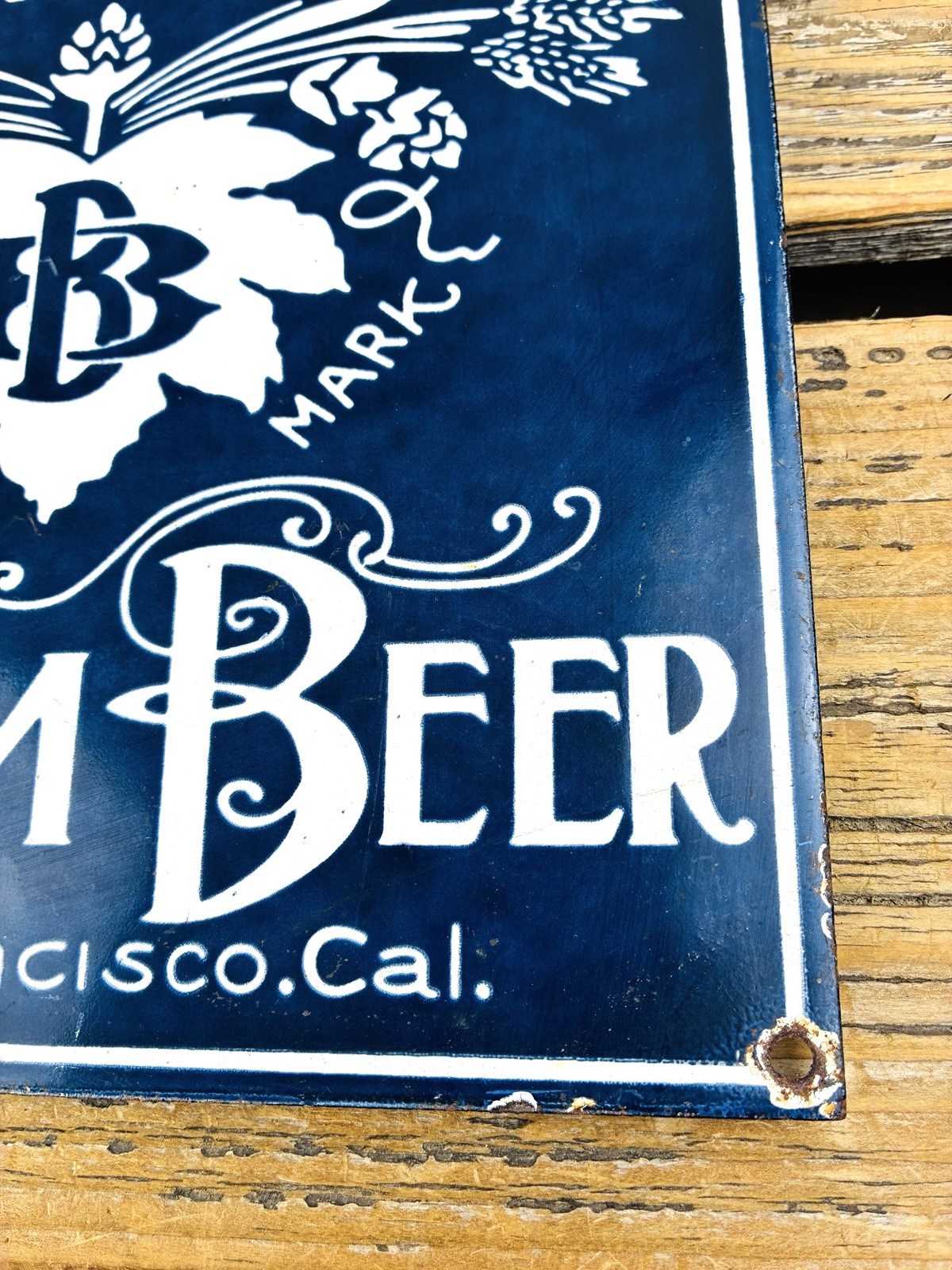 VINTAGE 12×9″ BROADWAY BREWERY STEAM BEER SF PORCELAIN PUMP STATION GAS OIL SIGN