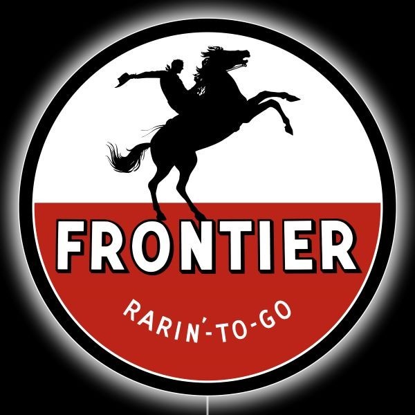 Frontier Gasoline, Rarin’ to GO! NEW LED Hanging Lighted Sign: 23″ Dia. Round