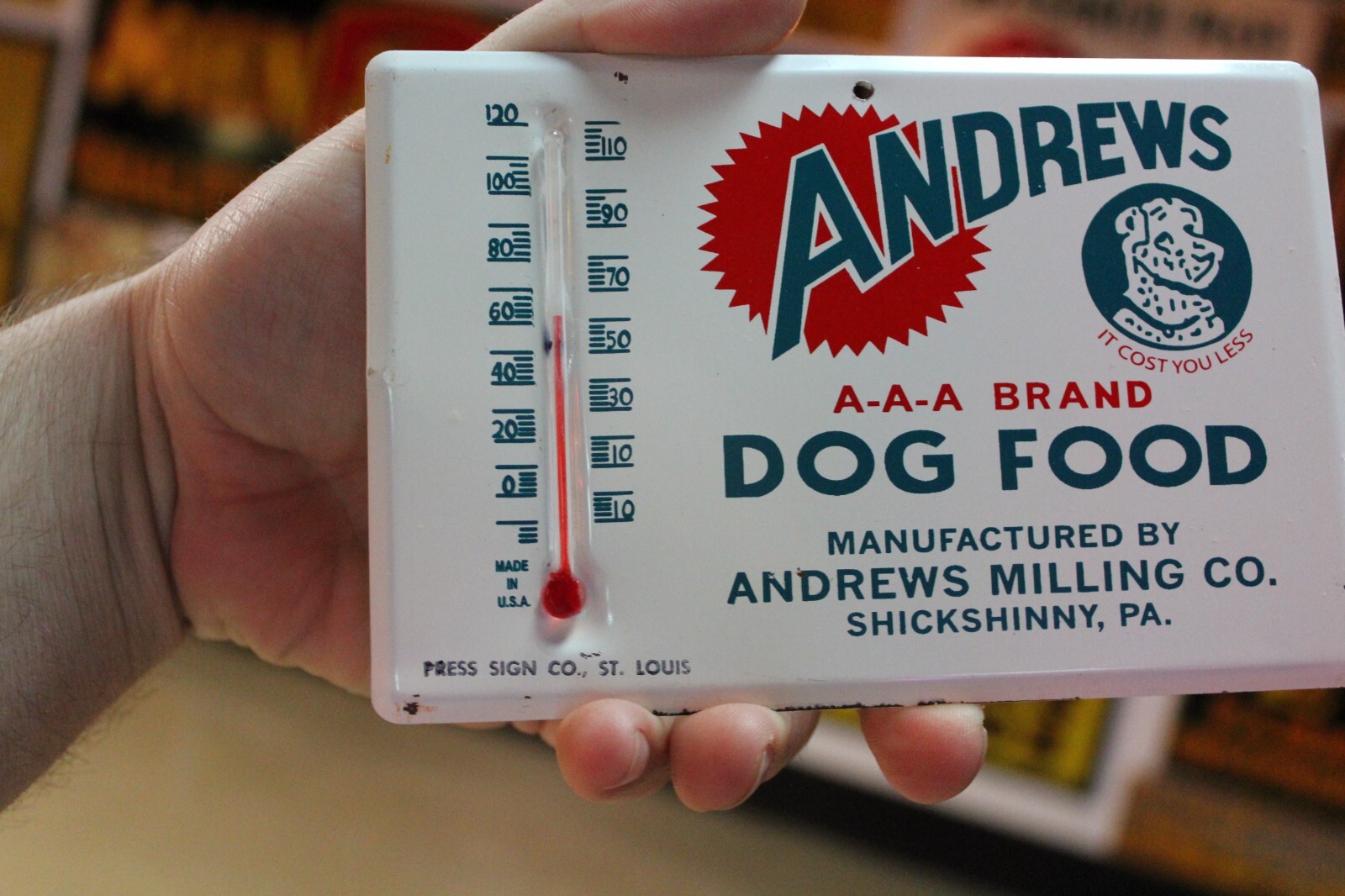 RARE 1950s ANDREWS DOG FOOD DEALER STAMPED PAINTED METAL SIGN PET STORE PA GAS