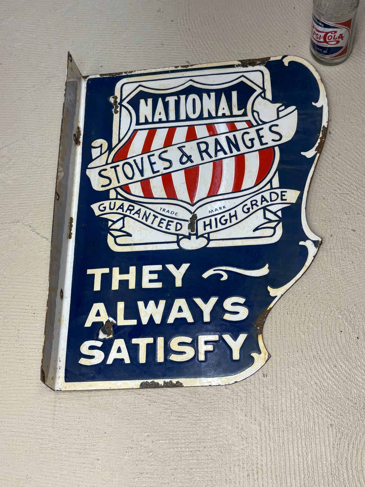 ORIGINAL 1930’s/1940’s (NATIONAL STOVES & RANGES) PORCELAIN FLANGE SIGN, RARE