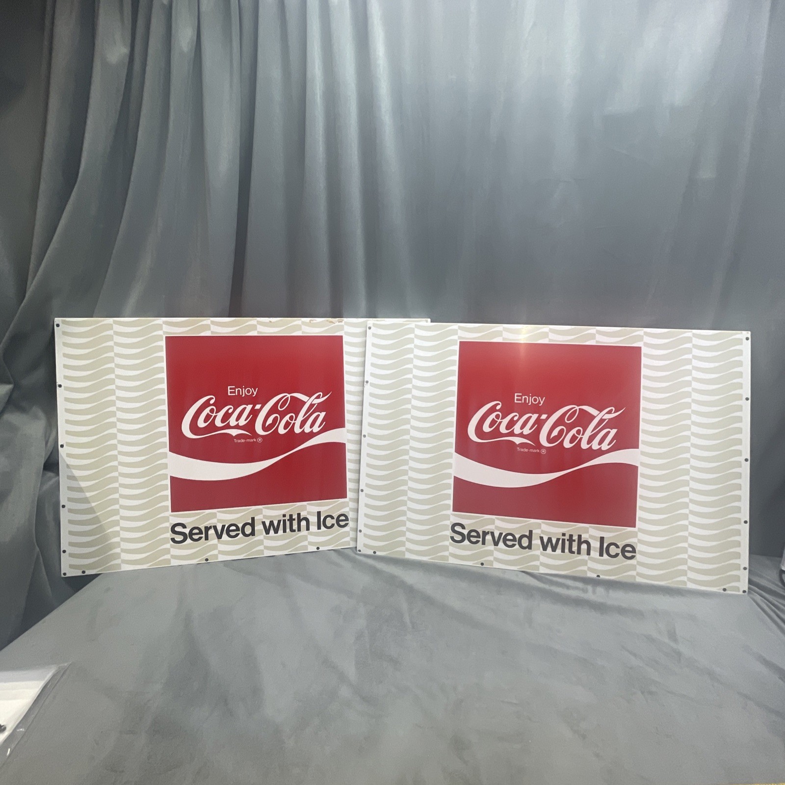 Vintage 80’s COCA-COLA Tin Metal Sign Set Served With Ice Coke Machine Cooler