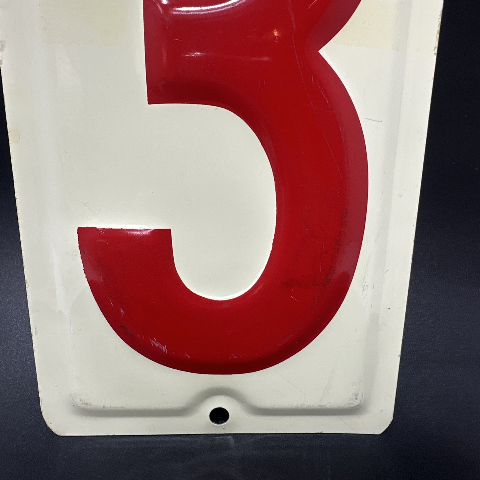 Vintage Embossed Tin Metal 10″x5″ Gas Station Sign “3” Rectangular Red