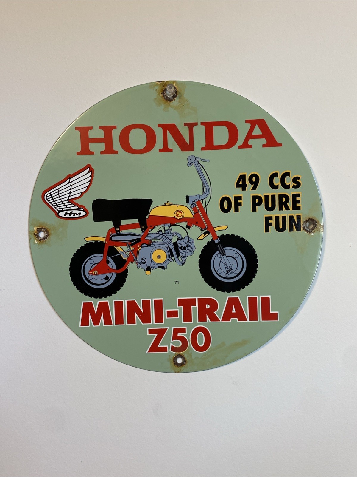 11.5” Original Vintage 1971 Honda Mini-trail Z50 Porcelain Sign