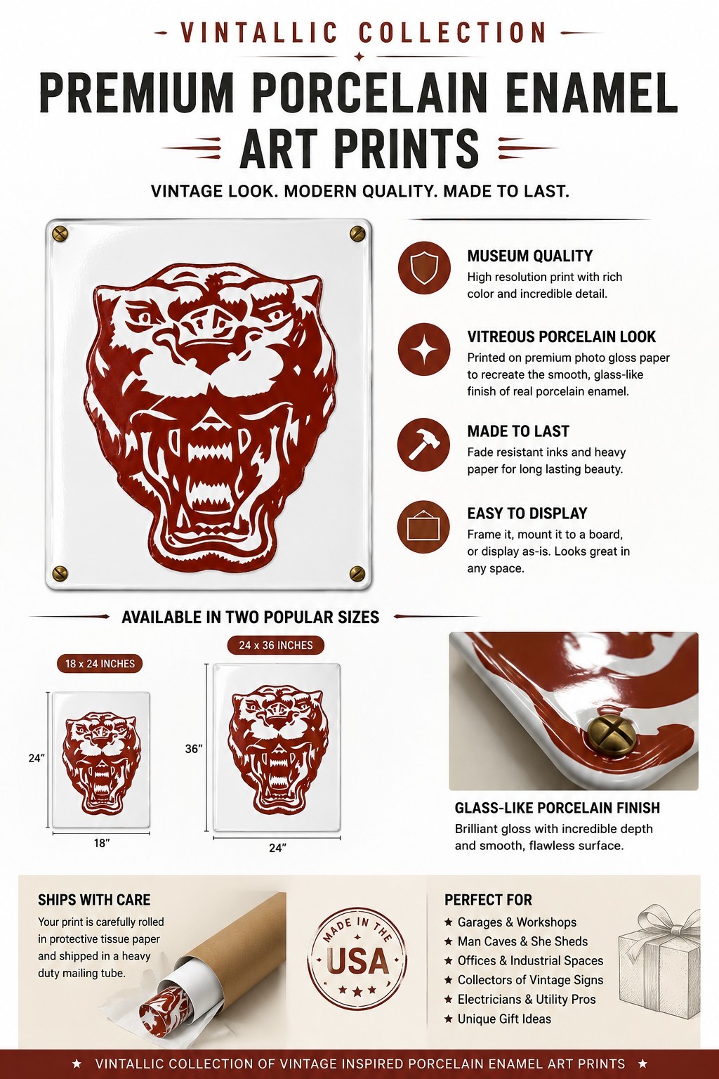 Vintage Tiger Head Porcelain Enamel Sign Print | 18×24 Industrial Wall Art |…