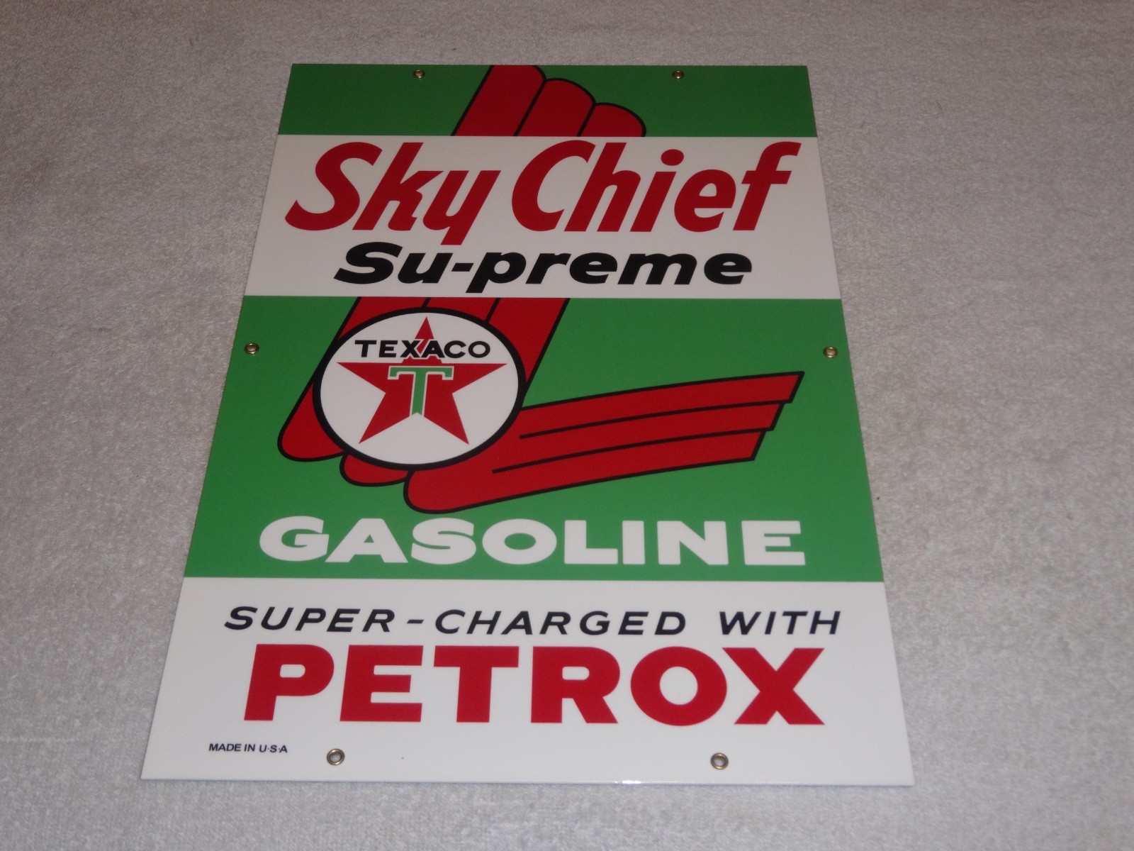 VINTAGE TEXACO SKY CHIEF SUPREME GASOLINE W/ PETROX 18″ PORCELAIN METAL OIL SIGN