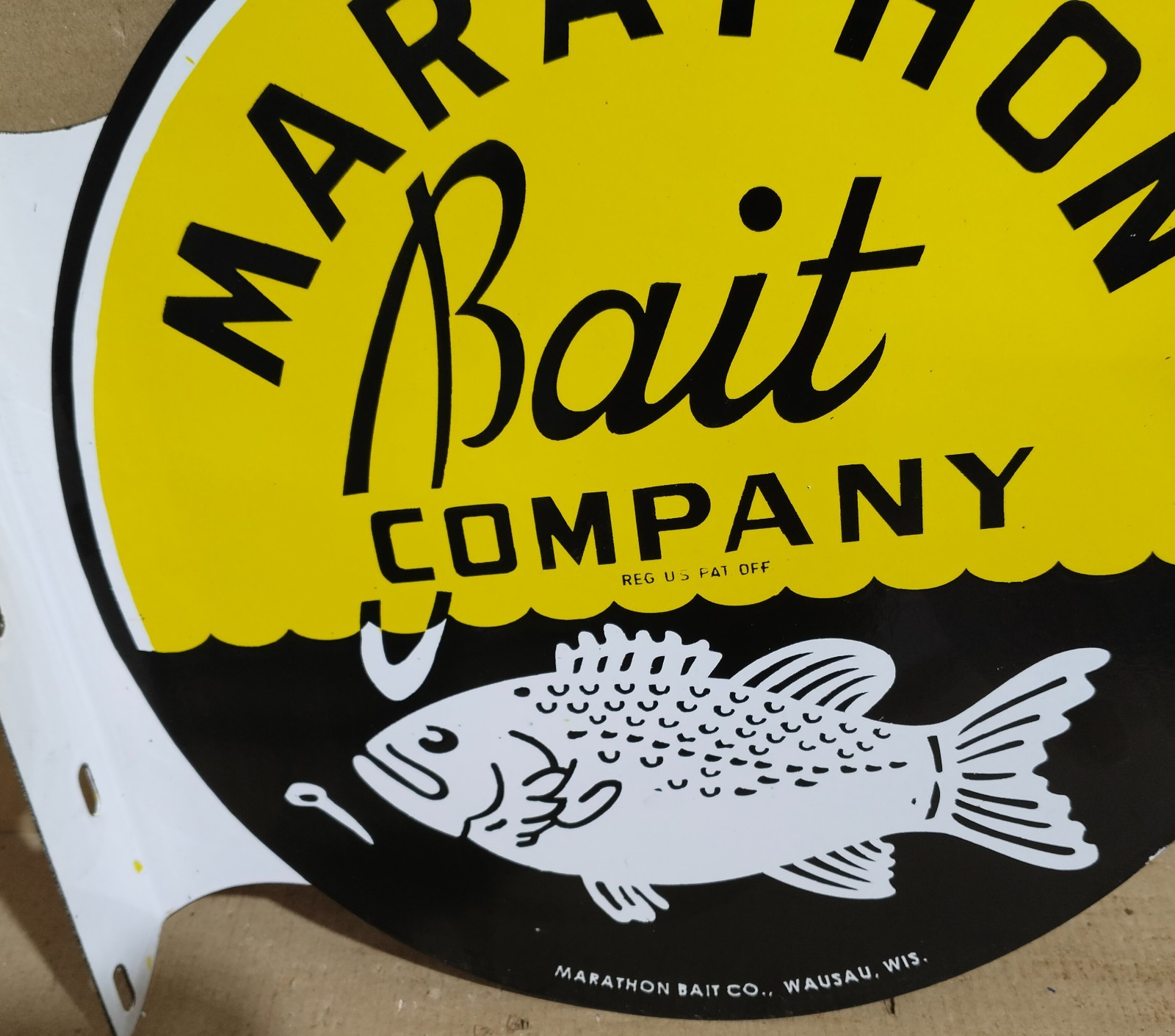 Marathon Bait Company Porcelain Enamel Sign 19.5 x 17 Inches 2 Sided