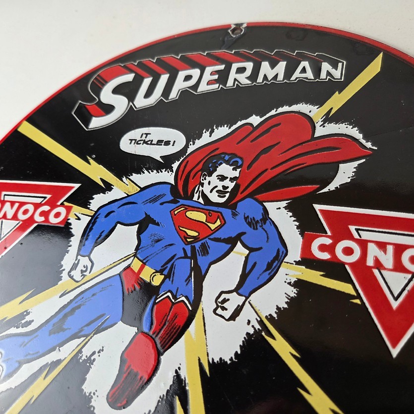 Vintage Conoco Gasoline Sign – Superman Comic Book Hero Porcelain Gas Pump Sign