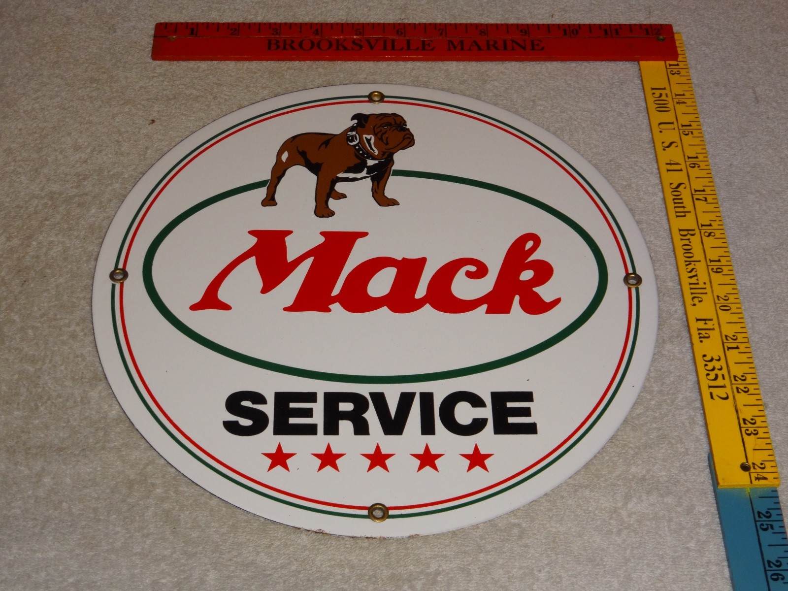 VINTAGE NOS MACK TRUCK BULLDOG SERVICE 11 3/4″ PORCELAIN METAL GASOLINE OIL SIGN