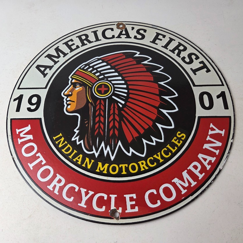 Vintage Indian Motorcycles Porcelain Sign – Americas First Sales Gas Pump Sign
