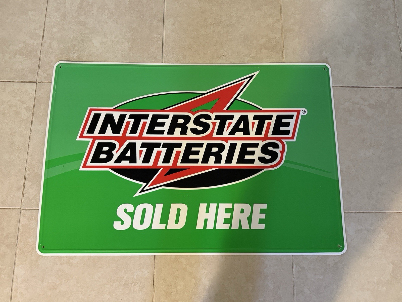 Large 3′ Vintage INTERSTATE BATTERIES Sold Here Embossed Metal Gas Station Sign