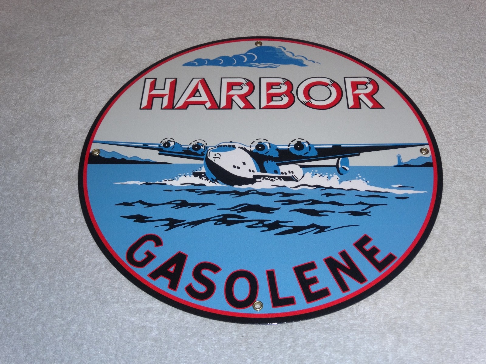 VINTAGE HARBOR GASOLINE AIRPLANE SEAPLANE 11 3/4″ PORCELAIN METAL GAS & OIL SIGN