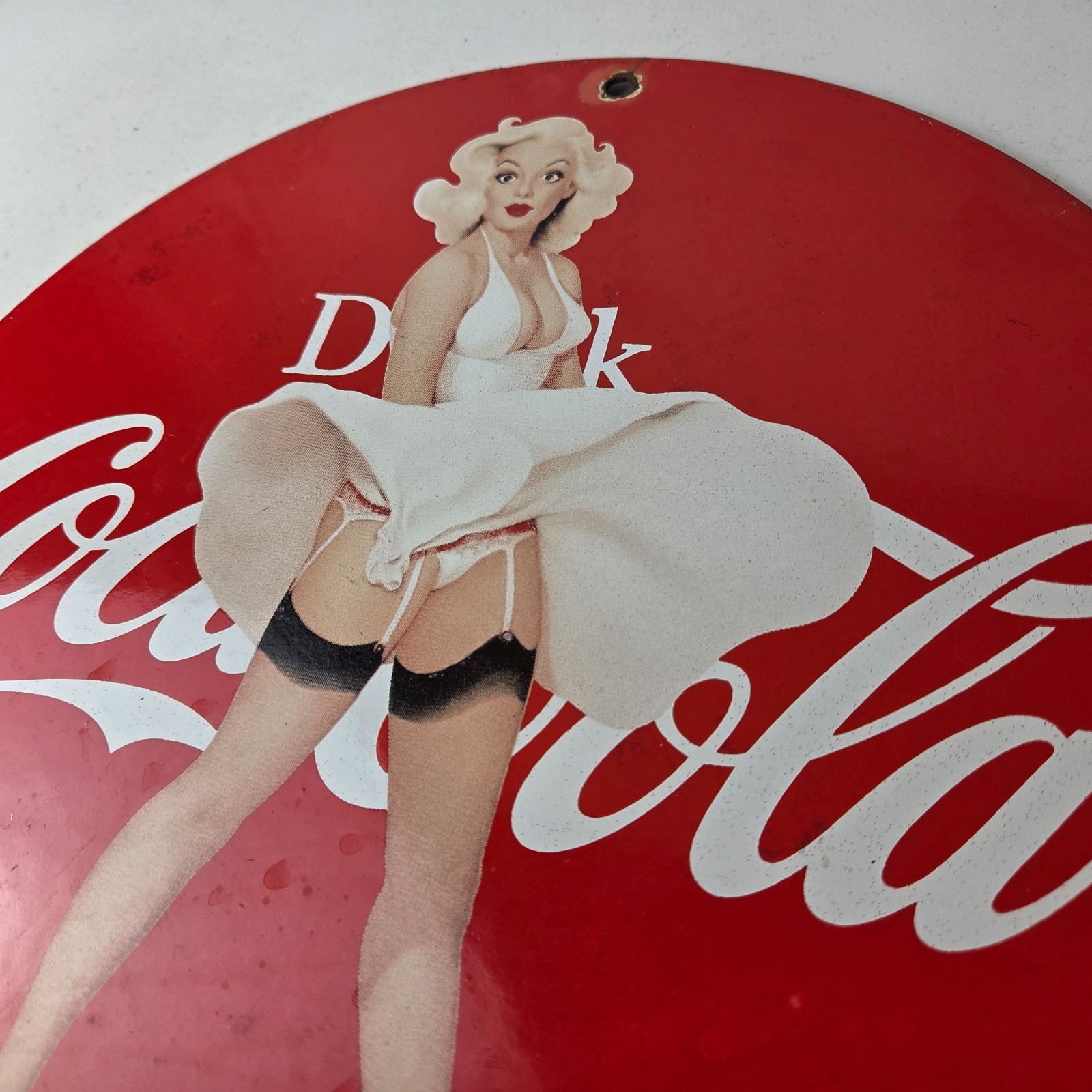 Vintage Coca Cola Porcelain Sign – Gas Pump Pinup Service Soda Beverage Sign