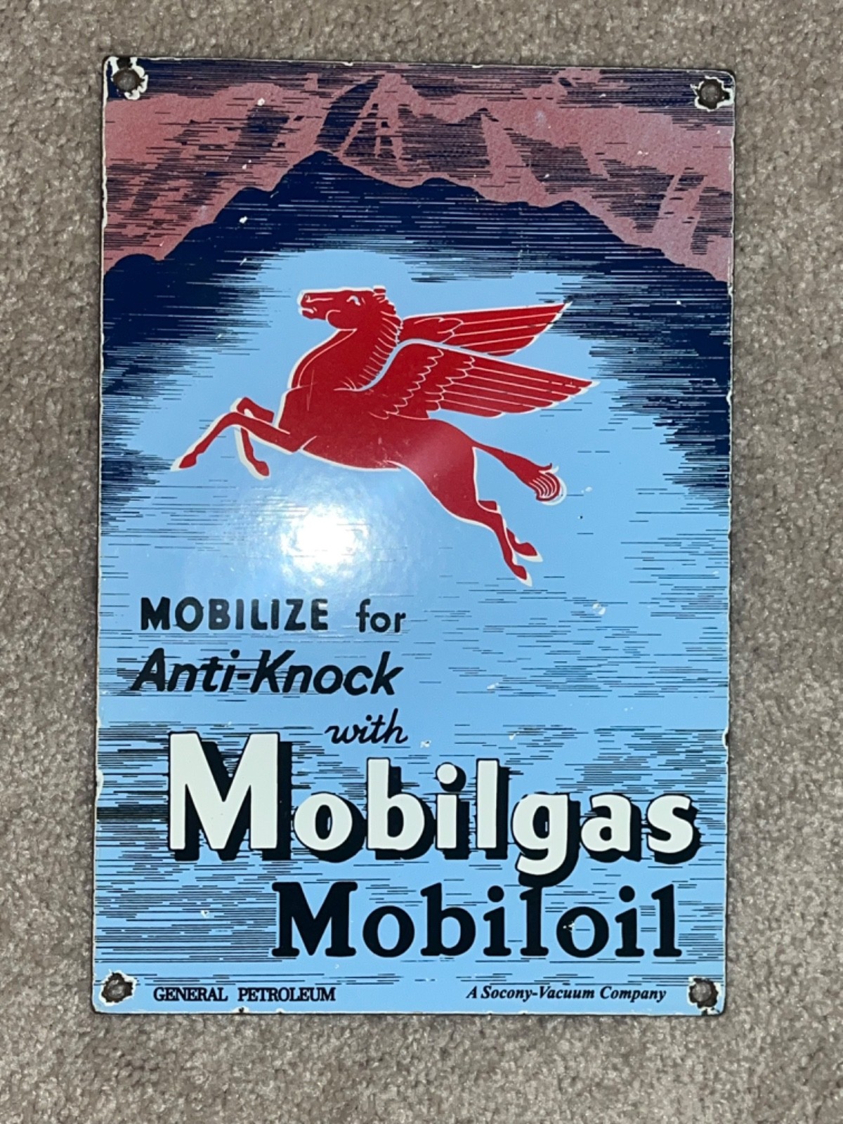 Mobil gas Mobil oil Pegasus anti knock porcelain sign Socony vacuum Company