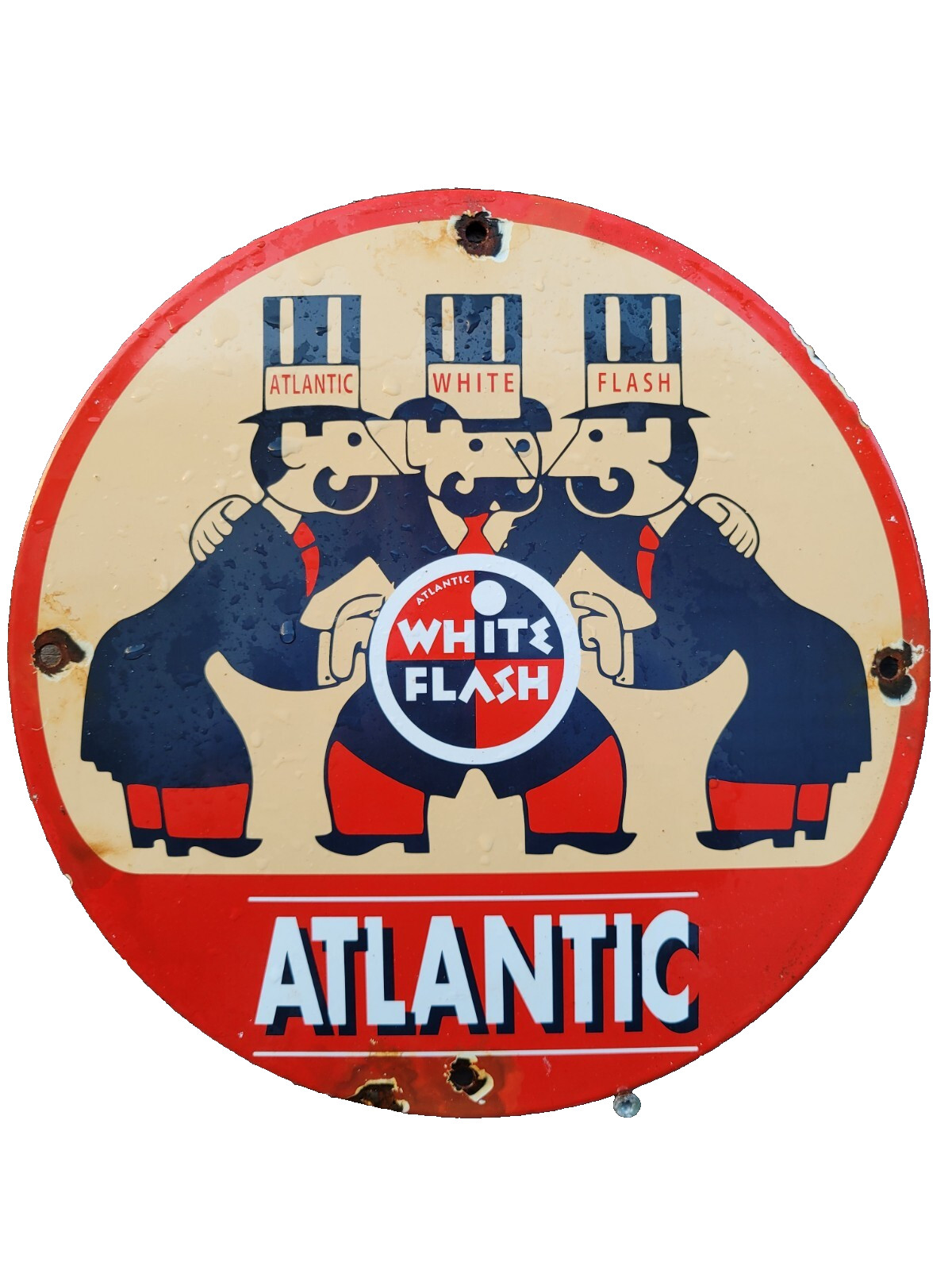 VINTAGE ATLANTIC OIL PORCELAIN SIGN OLD WHITE FLASH GAS PUMP PLATE FUEL 12″ USA