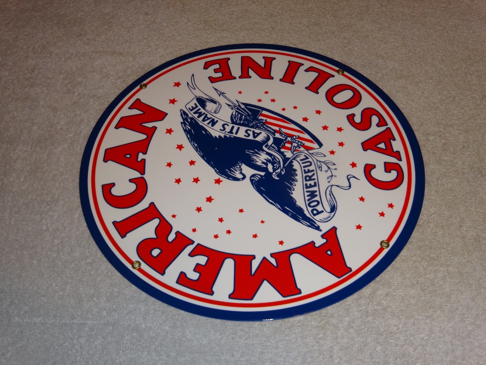 VINTAGE AMERICAN GASOLINE POWERFUL EAGLE 11 3/4″ PORCELAIN METAL GAS & OIL SIGN