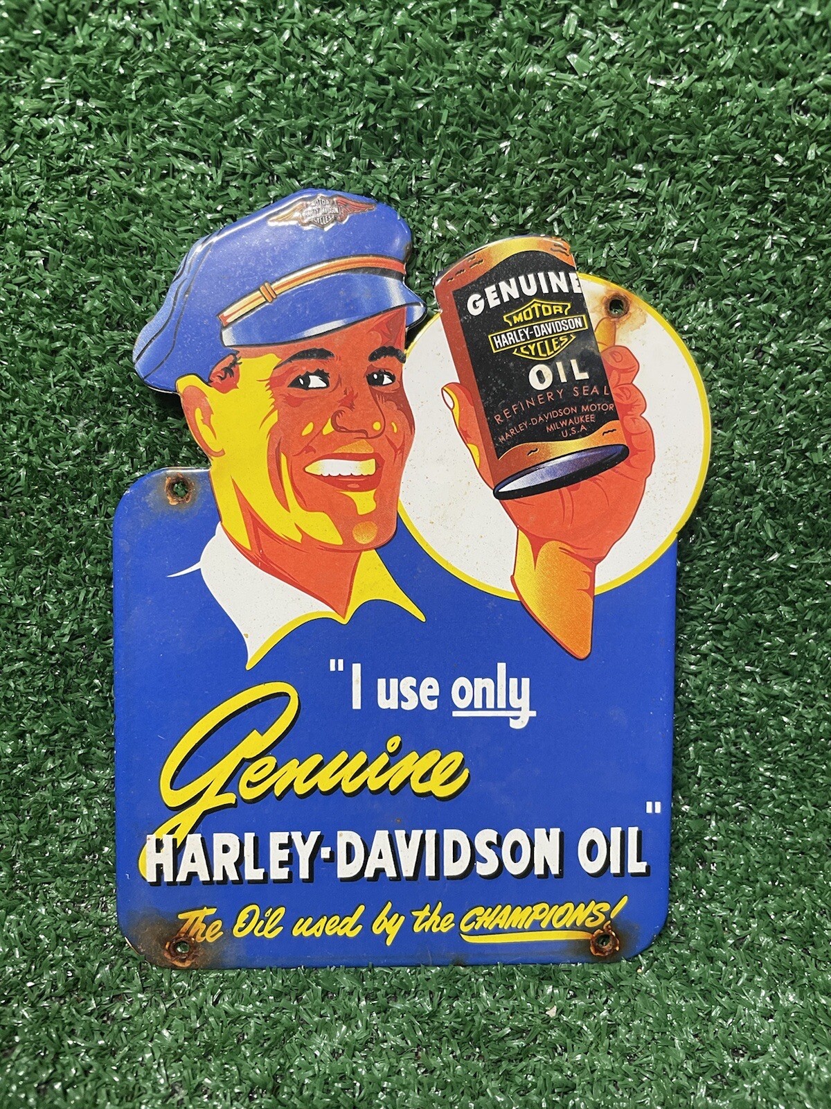VINTAGE HARLEY DAVIDSON PORCELAIN SIGN GENUINE MOTORCYCLE OIL GAS SALES SERVICE