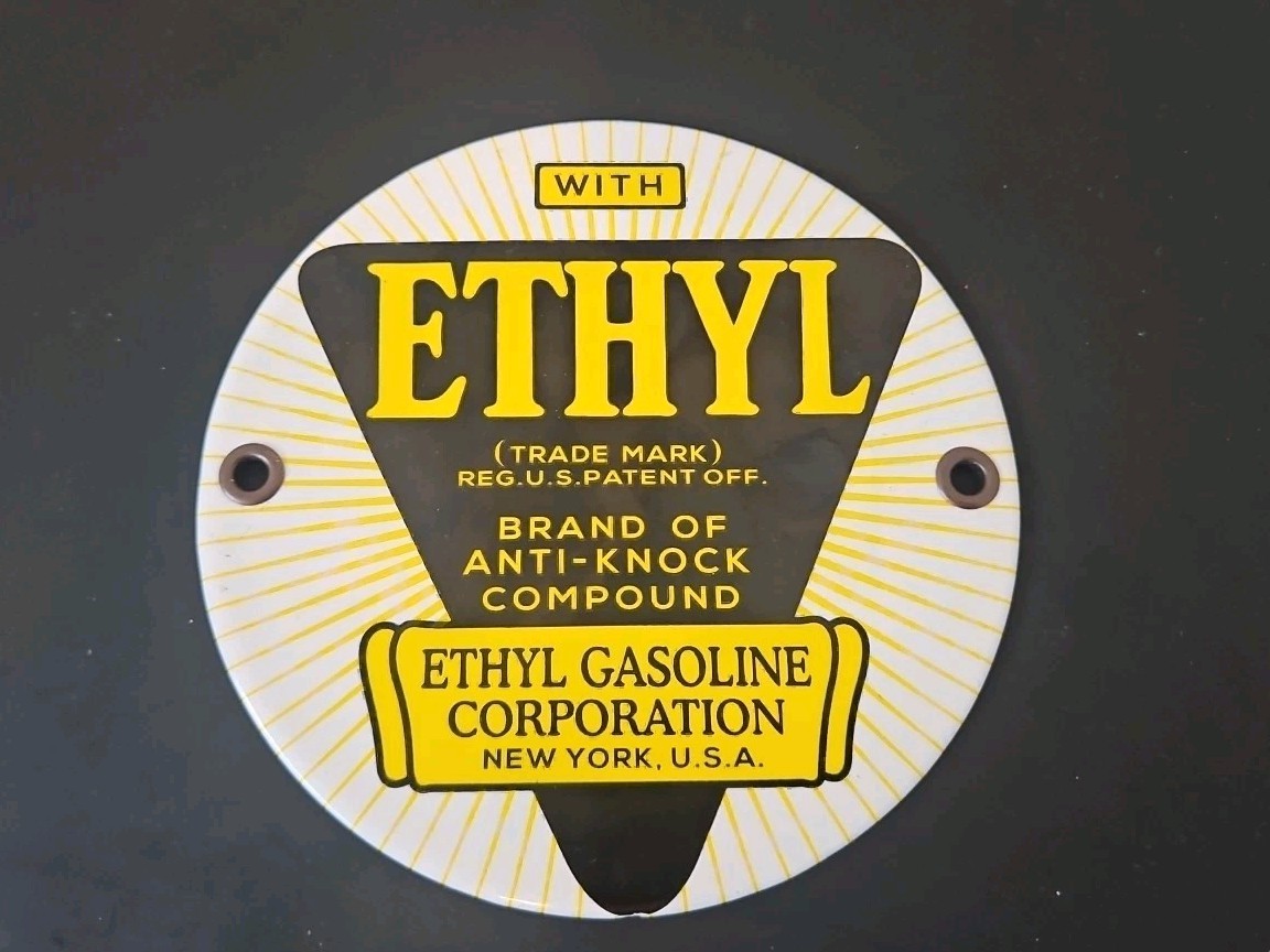ETHYL- Heavy Porcelain Gas Pump Sign, Repro, Excellent Shape, Worth a Look! 5″