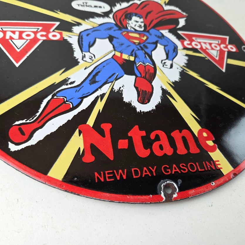 Vintage Conoco Gasoline Sign – Superman Comic Book Hero Porcelain Gas Pump Sign